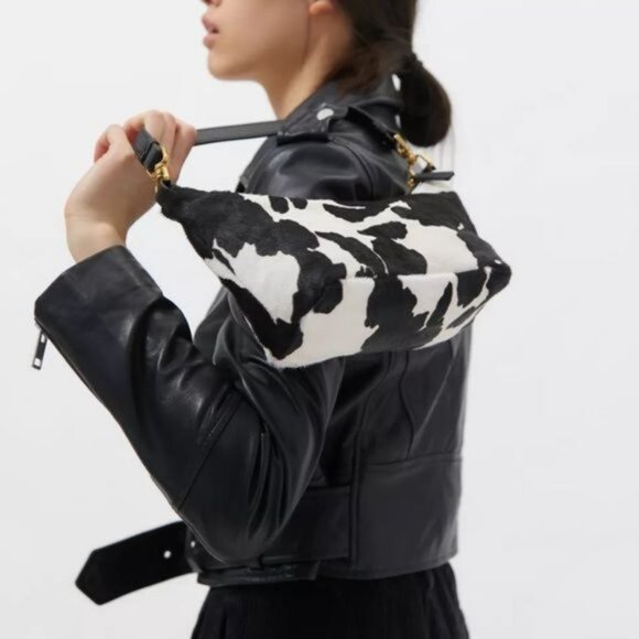 UO Luna Baguette Shoulder Bag Leather Calf Hair Slouchy Purse w/ Cow Print - Picture 8 of 10